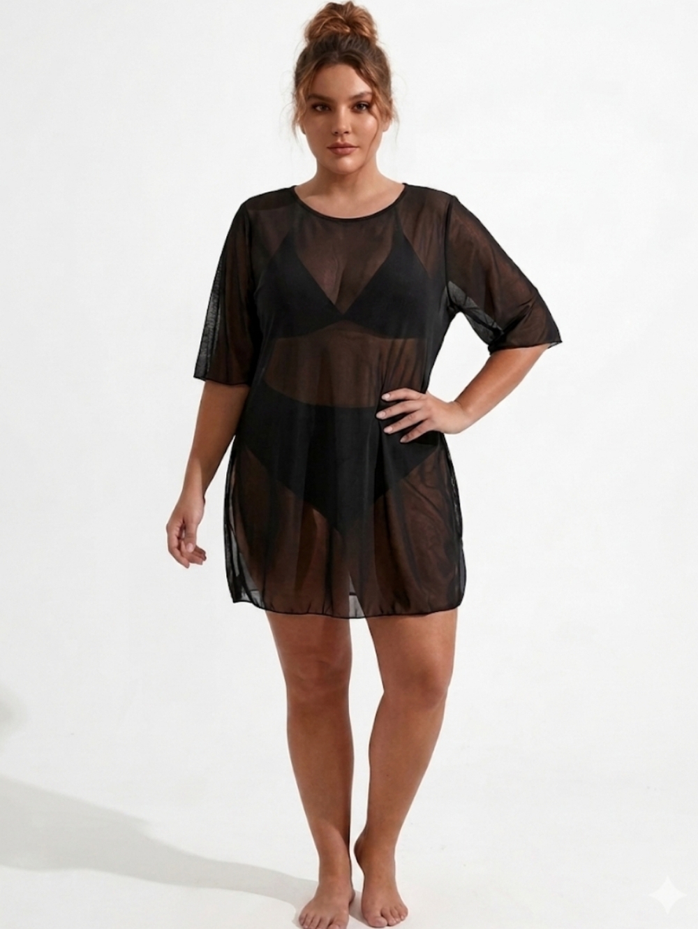 New Black Sheer Mesh Side Slit T-Shirt Cover Up Dress | Plus Size